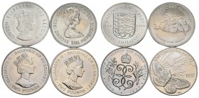 GUERNSEY. Lote compuesto por 4 monedas. Conteniendo 5 Shillings 1966; 25 Pence 1977; 2 Pounds 1990 y 2 Pounds 1997. Cu/Ni. EBC/SC.