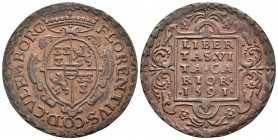 HOLANDA. Culemborg. 1/2 Stuiver-8 Pfennig. 1591. A nombre de Floris van Pallandt. Schrifttafel. Verk. 180, Tf. 32.4. Ae. 6,26g. EBC. Muy raro.