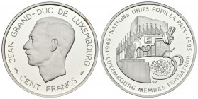 LUXEMBURGO. 100 Francs. 1995. 50 Aniversario de las Naciones Unidas. Km#70. Ar. 16,04g. PROOF.