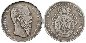 MEXICO. Maximiliano. 50 Centavos. 1866. Km#387. Ar. 13,39g. Marcas en anverso. BC+.