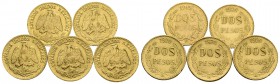 MEXICO. 2 Pesos. 1920 y 1945. Lote de 5 monedas. Km#461. Au. Peso total del conjunto 8,32g. EBC/EBC+.