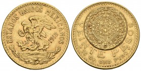 MEXICO. 20 Pesos. 1919. Mº (México). Calendario Azteca. Km#478; Fr-171. Au. 16,64g. MBC-/MBC.