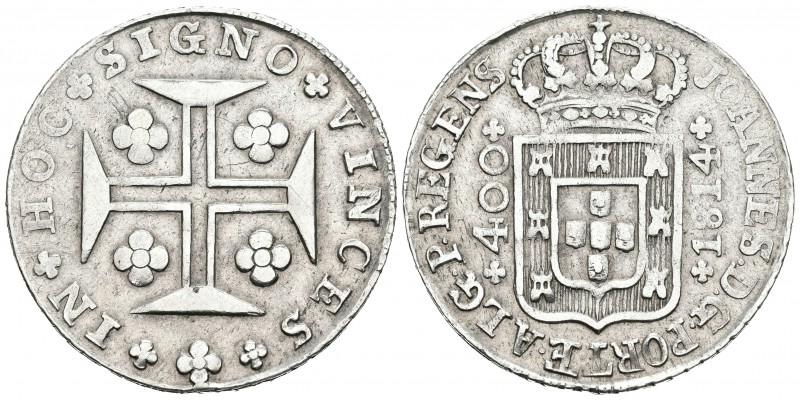 BRASIL. Johannes, Príncipe regente. 400 Reis. 1814. Lisboa. Km#331. Ar. 14,12g. ...