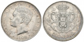 PORTUGAL. Manuel II. 500 Reis. 1908. Gomes 04.01. Ar. 12,54g. Pátina. MBC+.