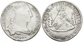 CARLOS IV. Medalla de proclamación módulo de 8 Reales. 1789. Potosí. R/ Cerro rico de Potosí con águila imperial coronada entre columnas. OPTIMO.PRINC...