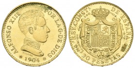 ALFONSO XIII. 20 Pesetas. 1904 *19-04. Acuñación de 500 Medallas (Nº 150). Au. 6,25g. SC.