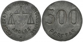 COOPERATIVA UNION ANGLESENSE. 500 Pesetas. Anglés. Prueba en hierro con baño de carbono. L-2206. Fe. 32,71g. EBC. Muy rara.