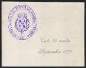25 reales. Septiembre de 1873. Vale de la Administración de Rentas de Puente de Domingo Flórez (León). (Edifil 2017: Página 26). EBC.