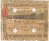 PELANITX (Mallorca). Obligación 50 Pesetas. 1903. Dos taladros en forma de estrella de 5 puntas. R/ Mapa de la ciudad. MBC-. Rara.
