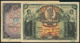 Conjunto de 2 billetes de 50 Pesetas, emitidos en 1906 y 1907, serie B y sin serie respectivamente (Edifil 2017: 314a, 319). BC.