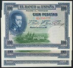 Conjunto de 3 billetes de 100 Pesetas emitidos el 1 de Julio de 1925, con las series D (2) y E (Edifil 2017: 350). EBC.