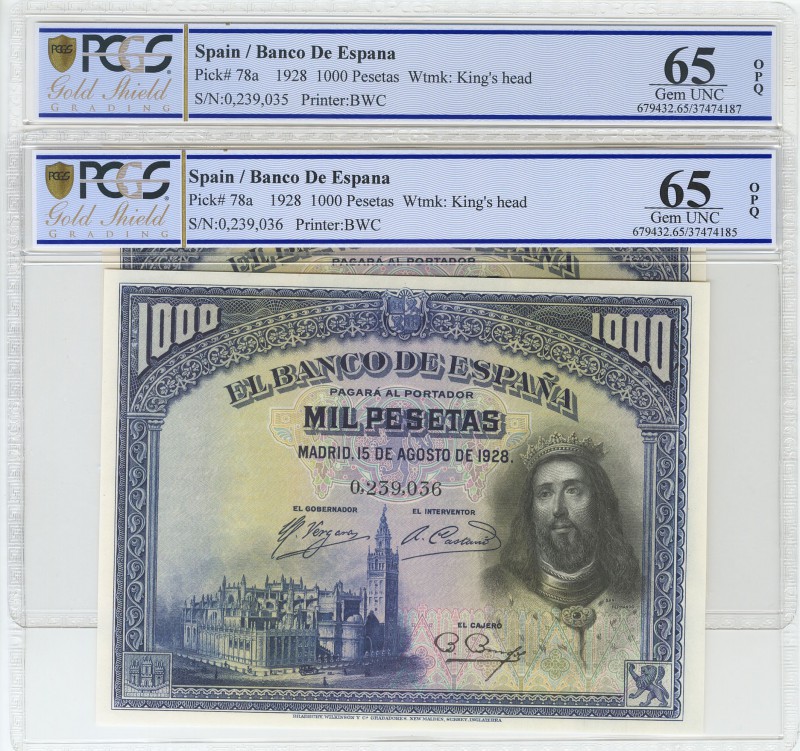 1000 Pesetas. 15 de Agosto de 1928. Pareja correlativa. Sin serie. (Edifil 2017:...