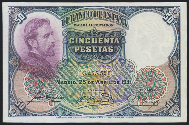 50 Pesetas. 25 de Abril de 1931. Sin serie. (Edifil 2017: 359). Apresto original...