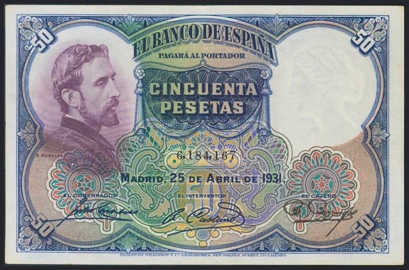 50 Pesetas. 25 de Abril de 1931. Sin serie. (Edifil 2017: 359). Apresto original...