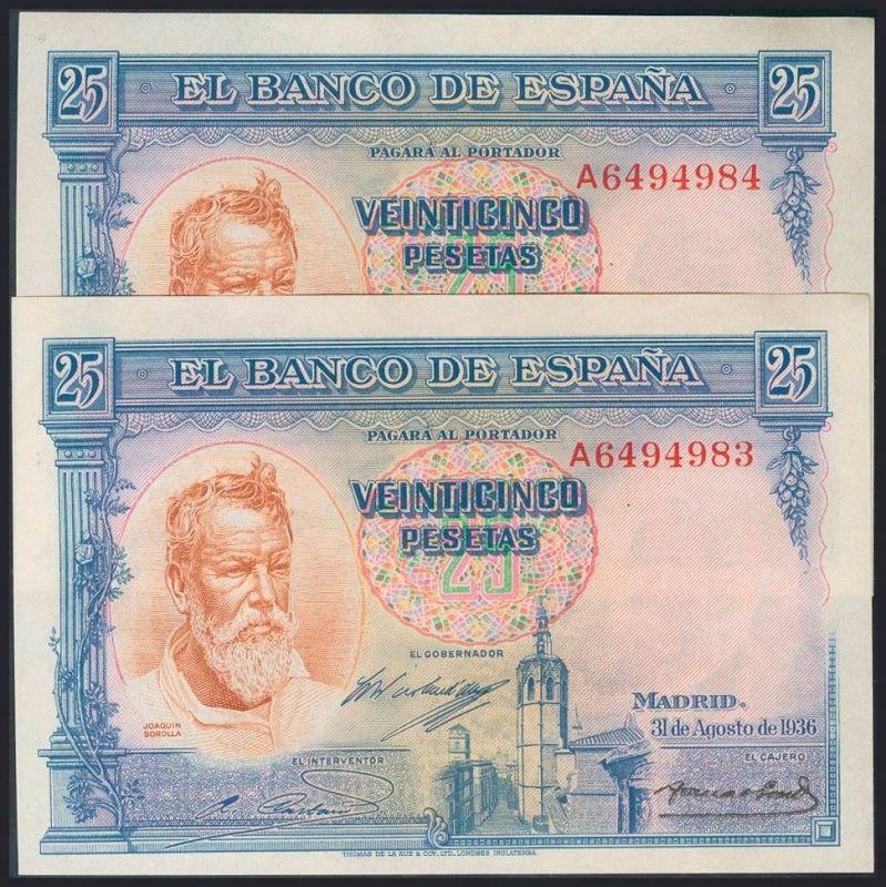 25 Pesetas. 31 de Agosto de 1936. Pareja correlativa. Serie A. (Edifil 2017: 367...