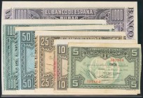 Conjunto de 6 billetes emitidos por el Banco de España, en Bilbao que incluye la serie completa excepto el 5 Pesetas de la serie A y el no emitido de ...