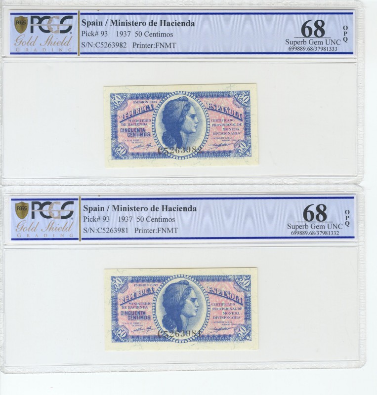 50 Céntimos. 1937. Pareja correlativa. Serie C. (Edifil 2017: 391a y Pick: 93). ...