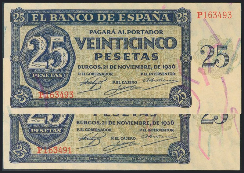 25 pesetas. 21 de Noviembre de 1936. Banco de España, Burgos. Serie P, pareja ca...