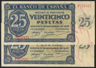 25 pesetas. 21 de Noviembre de 1936. Banco de España, Burgos. Serie P, pareja casi correlativa. (Edifil 2017: 419a). SC-/EBC+.