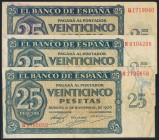 Conjunto de 3 billetes de 25 Pesetas emitidos el 21 de Noviembre de 1936, serie Q (1) y serie S (2) (Edifil 2017: 419a). EBC/BC.