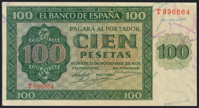 100 Pesetas. 21 de Noviembre de 1936. Serie T. (Edifil 2017: 421a). Apresto orig...