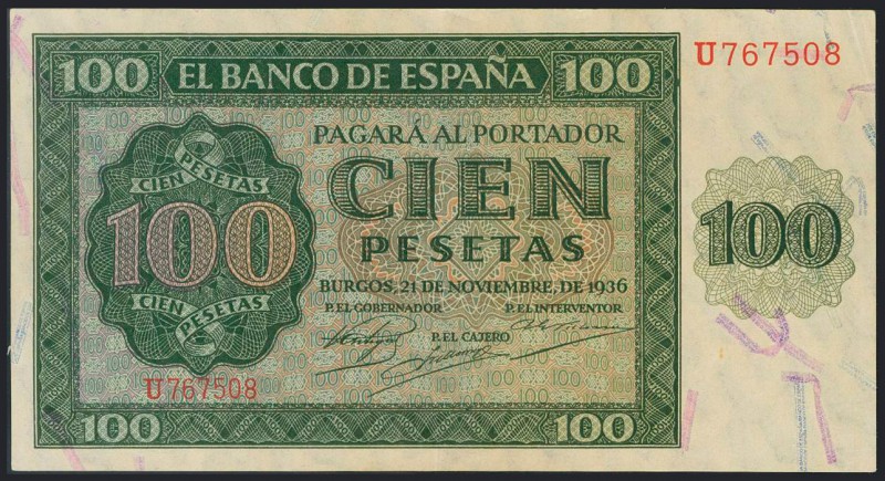 100 Pesetas. 21 de Noviembre de 1936. Banco de España, Burgos. Serie U. Levísimo...