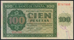 100 Pesetas. 21 de Noviembre de 1936. Banco de España, Burgos. Serie U. Levísimo doblez vertical. (Edifil 2017: 421a). Conserva gran parte del apresto...