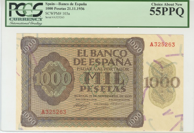 1000 Pesetas. 21 de Noviembre de 1936. Banco de España, Burgos. Serie A. (Edifil...