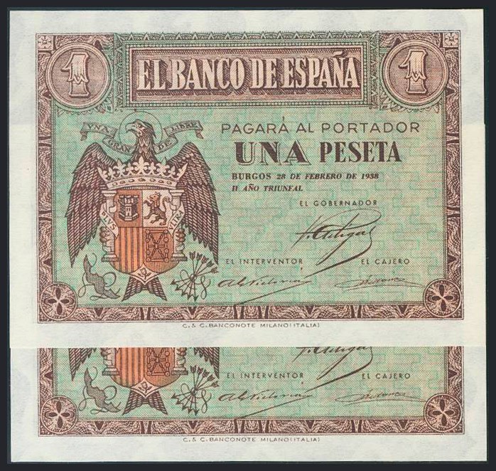 1 Peseta. 28 de Febrero de 1938. Pareja correlativa. Serie B. (Edifil 2017: 427a...