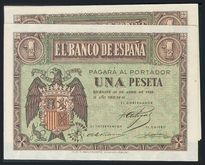 Conjunto de 4 billetes con numeración correlativa de 1 Peseta emitidos el 30 de ...