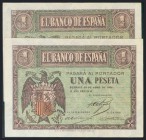 1 peseta. 30 de Abril de 1938. Banco de España, Burgos. Serie F. Pareja casi correlativa. (Edifil 2017: 428a). EBC+.
