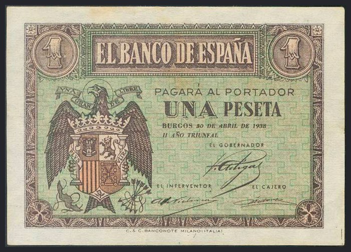 1 Peseta. 30 de Abril de 1938. Sombritas de óxido. Serie F. (Edifil 2017: 428a)....