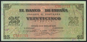 25 pesetas. 20 de Mayo de 1938. Banco de España, Burgos. Serie C. (Edifil 2017: 430a). Conserva todo su apresto. EBC+.