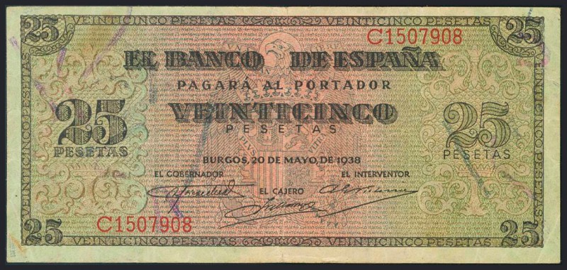 25 Pesetas. 20 de Mayo de 1938. Banco de España, Burgos. Serie C. (Edifil 2017: ...
