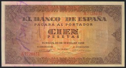 100 pesetas. 20 de Mayo de 1938. Banco de España, Burgos. Serie A. (Edifil 2017: 432). EBC+.