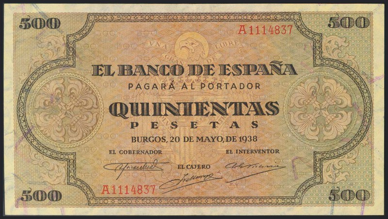 500 Pesetas. 20 de Mayo de 1938. Banco de España, Burgos. Serie A. Invisible dob...