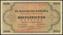 500 Pesetas. 20 de Mayo de 1938. Banco de España, Burgos. Serie A. Invisible doblez vertical. (Edifil 2017: 433). Resto de apresto original. Raro. EBC...