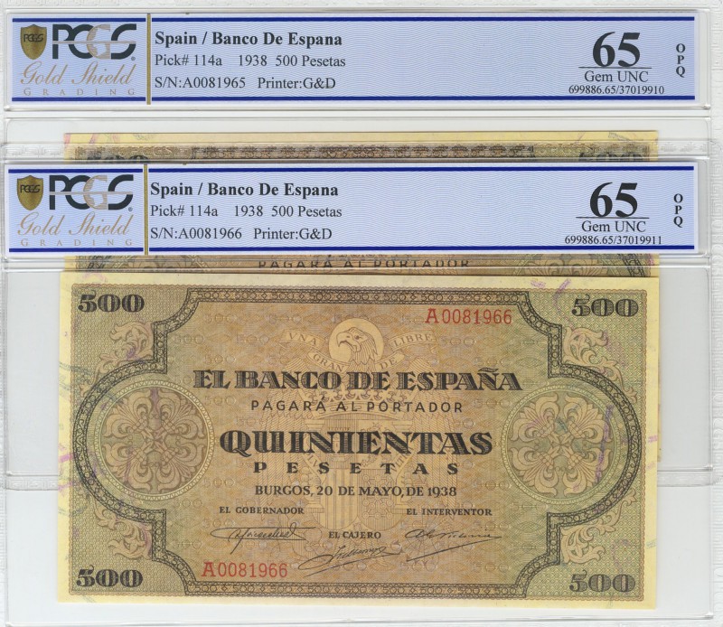 500 Pesetas. 20 de Mayo de 1938. Pareja correlativa. Serie A. (Edifil 2017: 433,...
