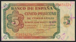 5 pesetas. 10 de Agosto de 1938. Banco de España, Burgos. Serie C. (Edifil 2017: 435a). EBC+.