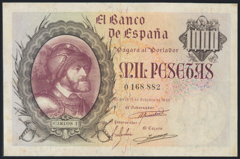 1000 Pesetas. 21 de Octubre de 1940. Sin serie. (Edifil 2017: 445). MBC.