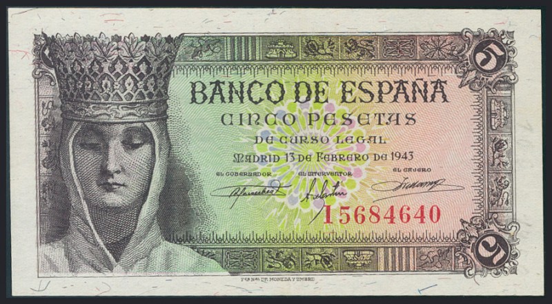 5 Pesetas. 13 de Febrero de 1943. Serie I. (Edifil 2017: 446a). SC.