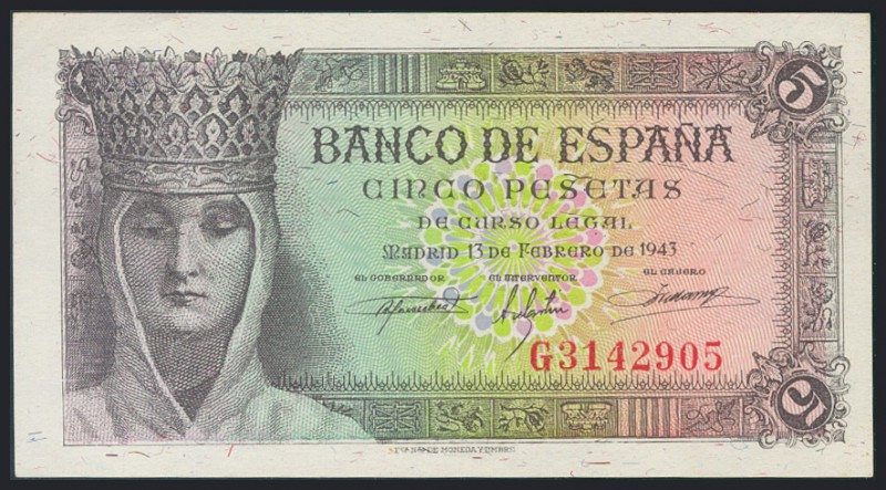 5 Pesetas. 13 de Febrero de 1943. Serie G. (Edifil 2017: 446a). EBC+.