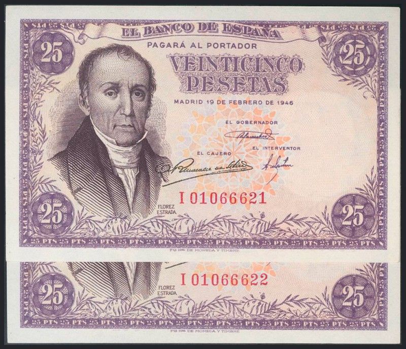 25 Pesetas. 19 de Febrero de 1946. Pareja correlativa. Serie I. (Edifil 2017: 45...