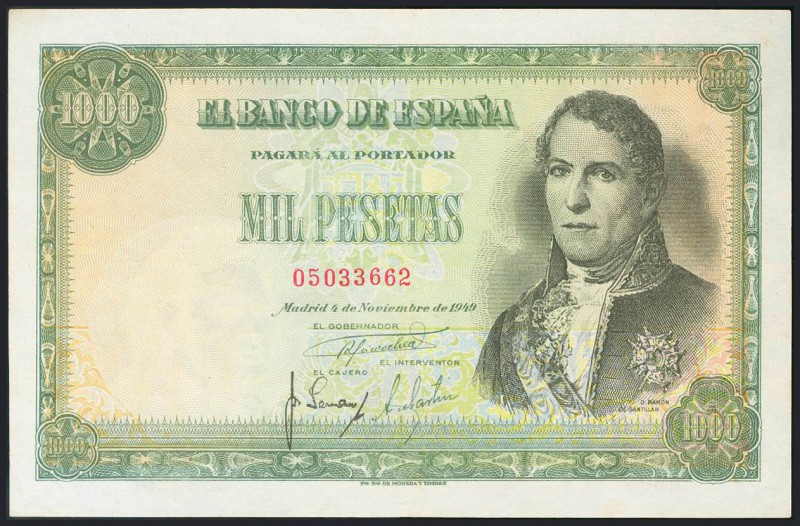 1000 Pesetas. 4 de Noviembre de 1949. Sin serie. Doblez vertical. (Edifil 2017: ...
