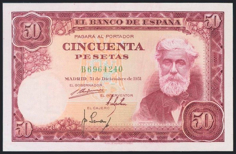 50 Pesetas. 31 de Diciembre de 1951. Serie B. Doblez vertical. (Edifil 2017: 462...