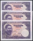 Conjunto de 3 billetes de 25 Pesetas, emitidos el 22 de Julio de 1954, con numeraciones no consecutivas pero muy seguidas. Serie I. (Edifil 2017: 467a...