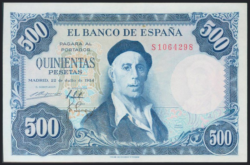 500 Pesetas. 22 de Julio de 1954. Puntito del papel. Serie S. (Edifil 2017: 468b...