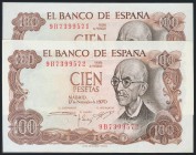 100 Pesetas. 17 de Noviembre de 1970. Pareja correlativa. Serie 9B. (Edifil 2017: 472d). SC/EBC+.