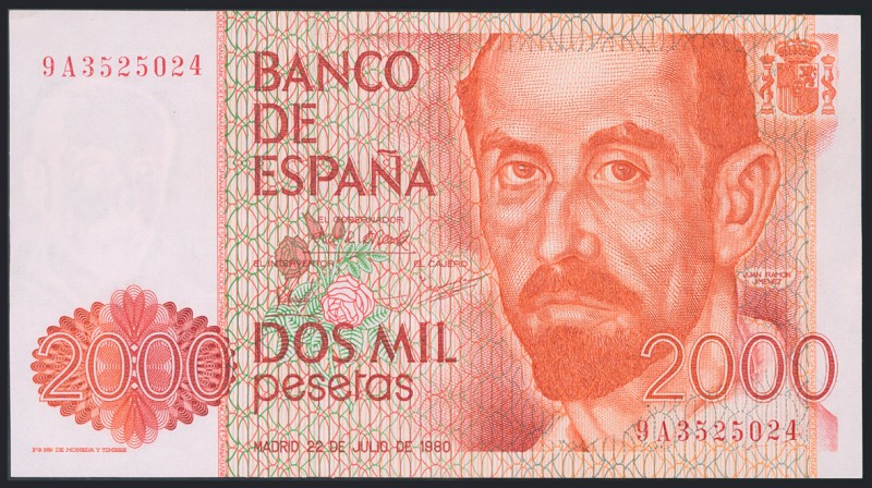 2000 Pesetas. 22 de Julio de 1980. Serie especial 9A. (Edifil 2017: 479b). Inusu...