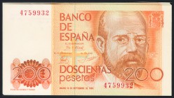 Conjunto de 5 billetes correlativos y sin serie de 200 Pesetas emitidos el 16 de Septiembre de 1980 (Edifil 2017: 480), algunos de ellos marcados con ...